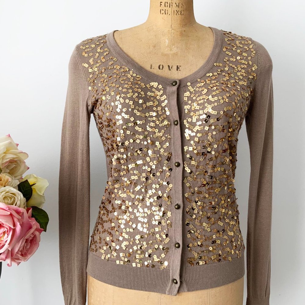 LOVE 21 Brown Knitted Size XS Cotton Cardigan with Gold Sequins Adornment